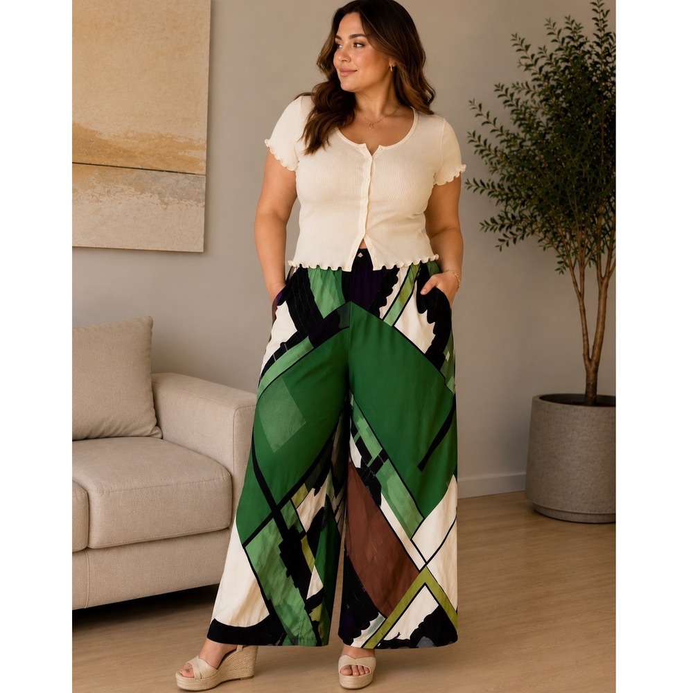 NWT Zara Geometric Abstract Print Wide Leg Pants Green XXL 3455/580/500